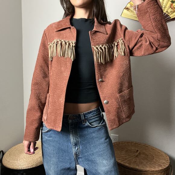 Saddle Ridge Jackets & Blazers - 90s vintage brick terracota faux suede fringe western boxy fit crop jacket